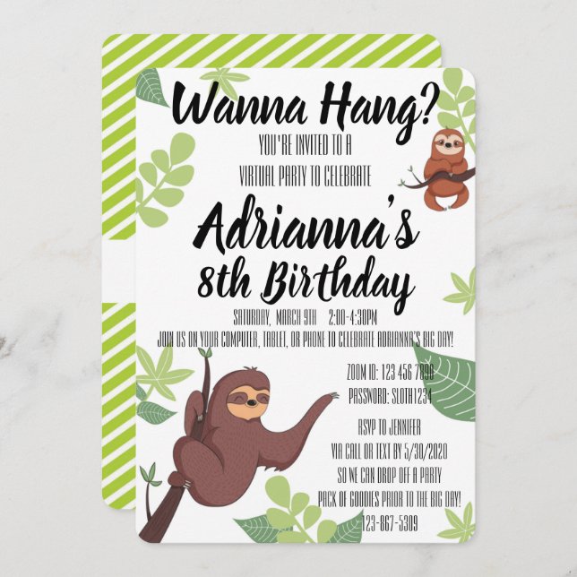 Virtual Sloth - Wanna Hang? Theme Birthday Party Invitation (Front/Back)
