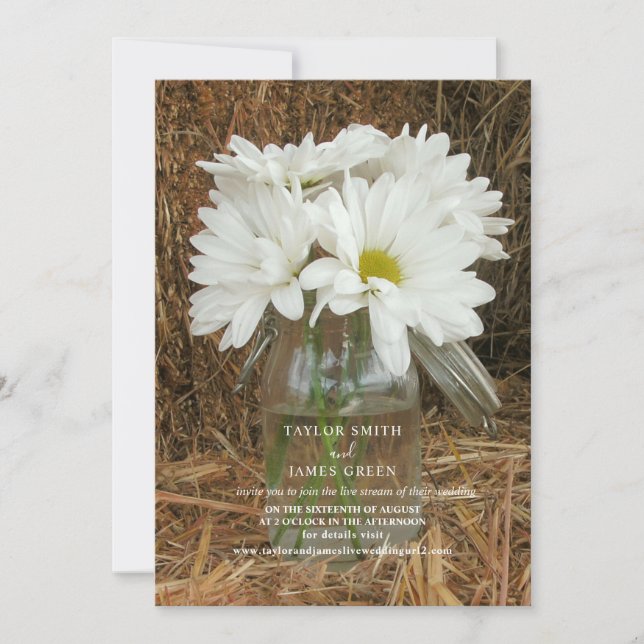 Virtual Streaming Wedding Rustic Hay Daisies Invitation (Front)