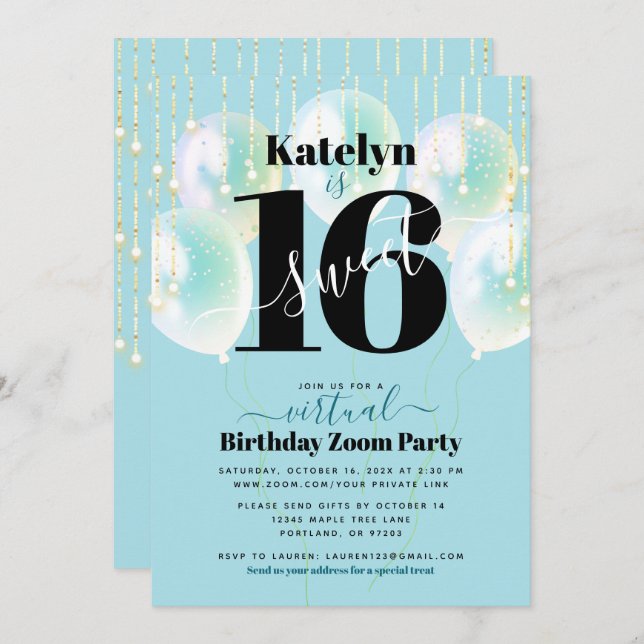 Virtual Sweet 16 Birthday Girly Glam Blue Balloons Invitation (Front/Back)