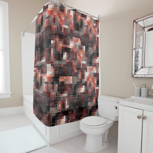 Virtual tile style square mosaic in beige to brown shower curtain (In Situ)