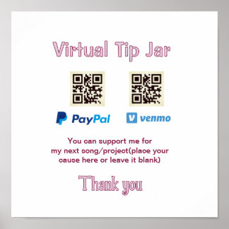 Virtual tip jar q r code money donation PayPal ven Poster