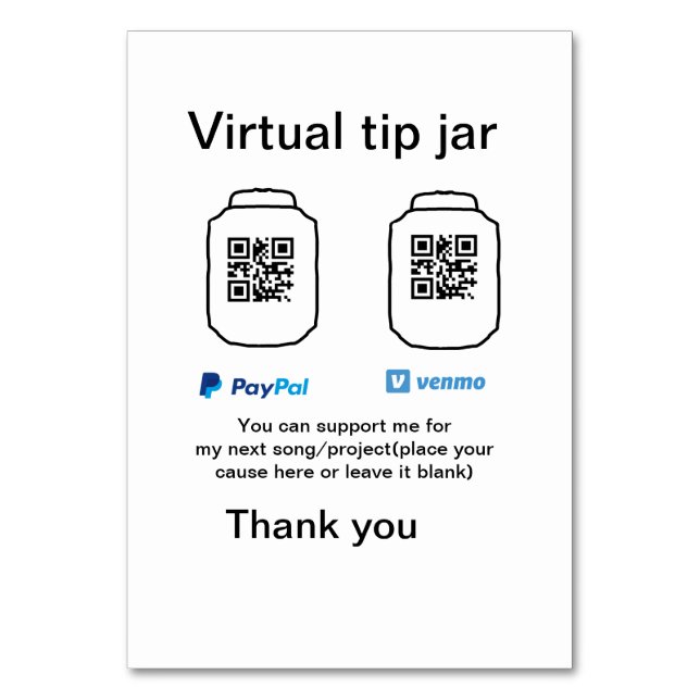Virtual tip jar q r code money donation PayPal ven Table Number (Front)