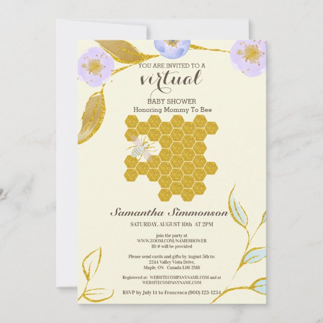 VIRTUAL Watercolor Golden Mummy to Bee Baby Shower Invitation (Front)