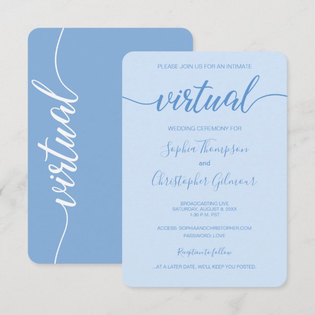 VIRTUAL Wedding Dusty Blue Chic Custom Invitation (Front/Back)
