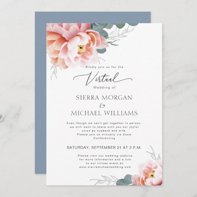 Virtual Wedding Elegant Floral Blush Dusty Blue Invitation (Front/Back)