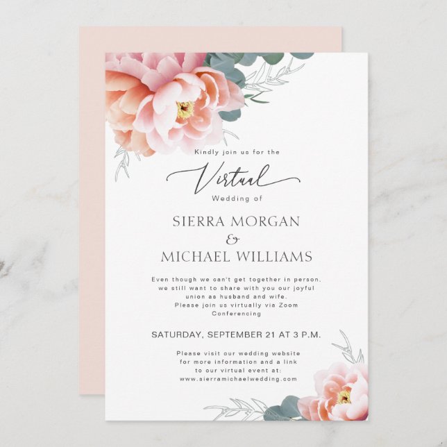 Virtual Wedding Floral Blush Pink Peach Peony Invitation (Front/Back)
