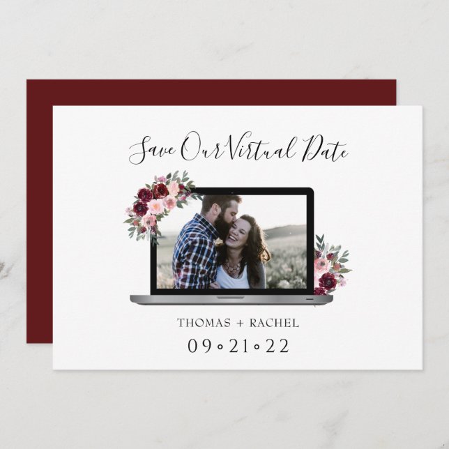 virtual wedding laptop burgundy flower foliage  save the date (Front/Back)