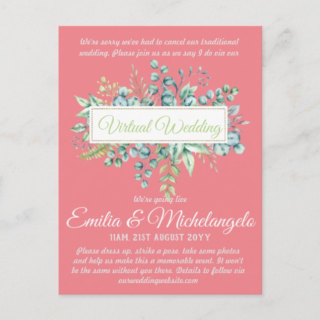 Virtual Wedding Video Chat Live Streaming Invites Postcard (Front)