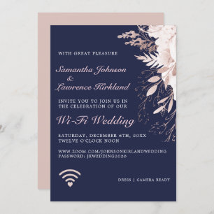 Virtual WiFi Wedding Dusty Rose Floral Navy Blue Invitation
