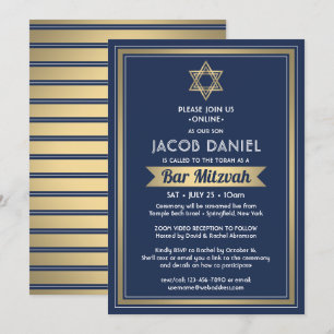 Virtual Zoom Bar Mitzvah Navy Blue White & Gold Invitation