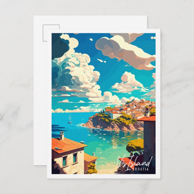 Vis Island Croatia vintage travel illustration Postcard (Front/Back)