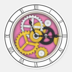 Visible Clockwork Roman 3-D Art Illusion Pink Classic Round Sticker