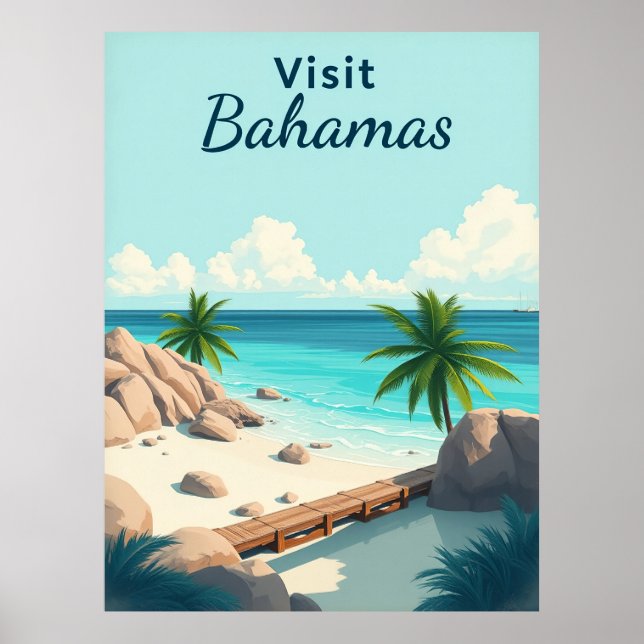Visit Bahamas Vintage Illustration Poster (Front)