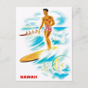 Visit Hawaii - Surfing - Vintage travel Postcard