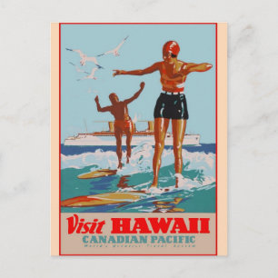Visit Hawaii - Surfing - Vintage travel Postcard