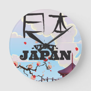 Visit Japan retro travel poster. Round Clock