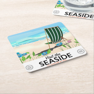 Visit the Seaside vintage travel poster Square Paper Coaster