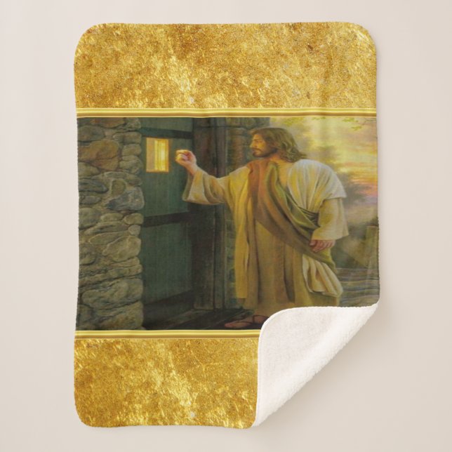 Visitation at Dawn Jesus Knocking on a Rustic Door Sherpa Blanket (Front)