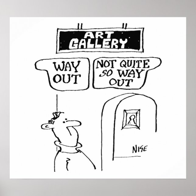 Visitor is bemused by signs in an art gallery (Front)