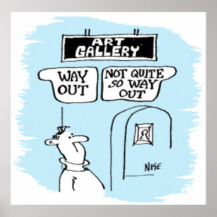 Visitor is bemused by signs in an art gallery