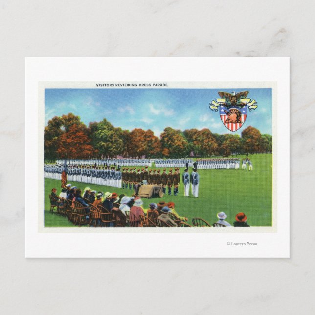 Visitors Reviewing a Dress Parade Postcard (Front)