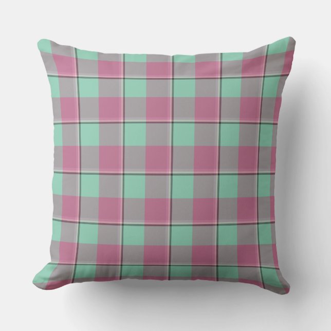 Vista Blue and Turkish Rose Pink Plaid Green Cushion (Front)