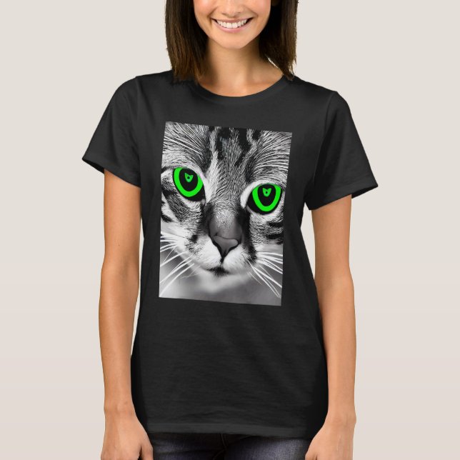 Visually Striking Image of Black & White Cat Green T-Shirt (Front)