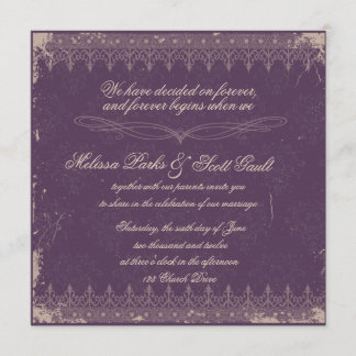 Vitage eggplant damask wedding invitation