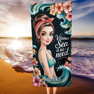 Vitamin Sea Is All I Need Palm Trees Hibiscus Beach Towel