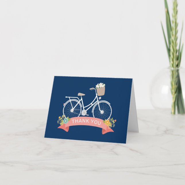 Vitnage Bicycle Floral Navy Blue Coral Thank You Card (Front)