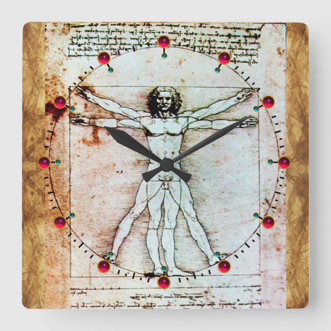 VITRUVIAN MAN Antique Parchment Red Ruby Gemstones Square Wall Clock (Front)