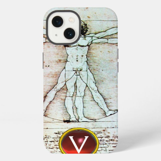 VITRUVIAN MAN Antique Parchment Red Ruby Monogram iPhone Case (Back)