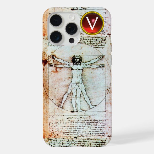 VITRUVIAN MAN Antique Parchment Red Ruby Monogram  iPhone Case (Back)