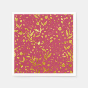 Viva Magenta and Gold Leaves Paper Napkin