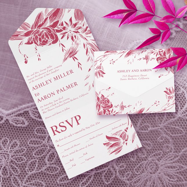 Viva magenta and white line art flowers wedding  all in one invitation (Creator Uploaded)