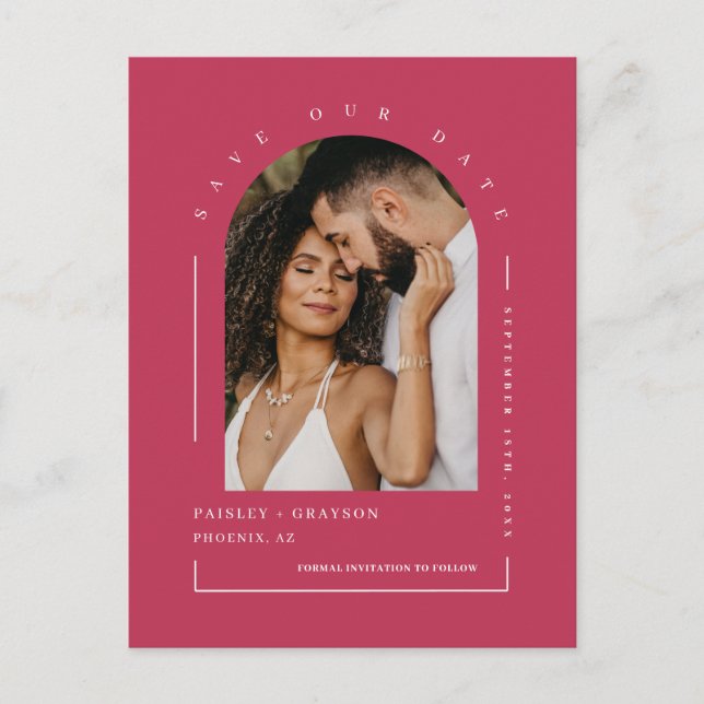 Viva Magenta Boho Arch Photo QR Code Save Our Date Postcard (Front)