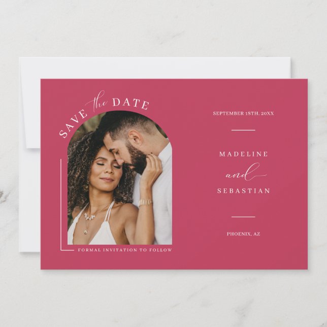 Viva Magenta Boho Arch Photo QR Code Save the Date Invitation (Front)