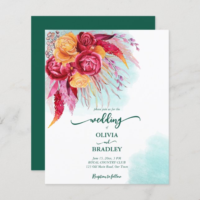 Viva magenta burgundy orange roses budget invite (Front/Back)