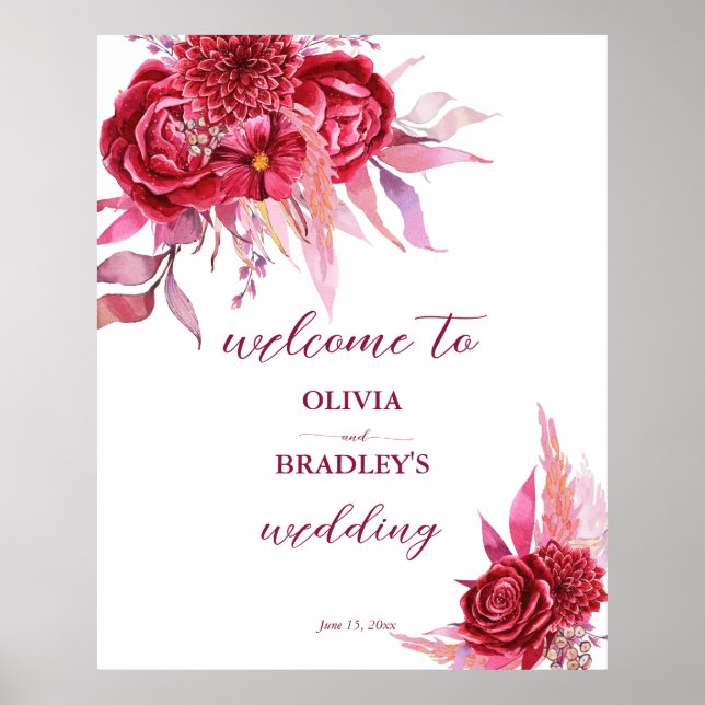 Viva magenta burgundy roses flowers welcome sign (Front)