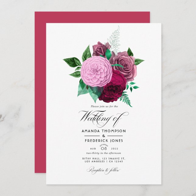 Viva Magenta Floral Wedding Invitation (Front/Back)