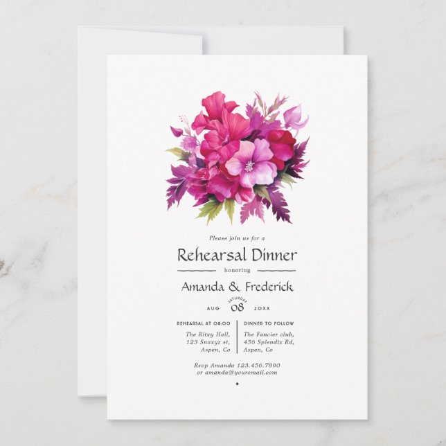 Viva Magenta Floral Wedding Rehearsal Dinner Invitation (Front)