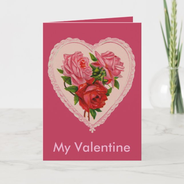 Viva Magenta Heart Roses Vintage Valentine Holiday Card (Front)