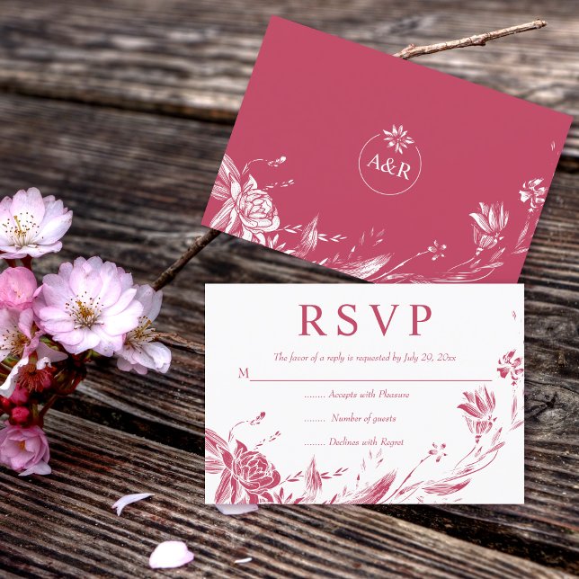 Viva magenta line art flowers typography floral RSVP card (Creator Uploaded)
