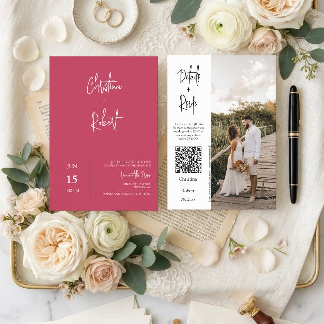Viva Magenta Modern Boho Wedding Photo QR Code Invitation (Creator Uploaded)