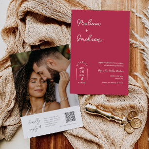 Viva Magenta Modern Minimal Wedding QR Code Photo Invitation