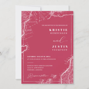 Viva Magenta Retro Travel QR Code Photo Wedding Invitation