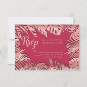 Viva magenta rose gold tropical leaves romantic RSVP card
