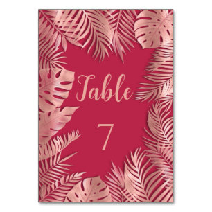 Viva magenta rose gold tropical leaves romantic table number