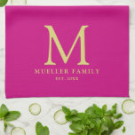 Viva Magenta Solid Colour Gold Monogram Family Nam Tea Towel<br><div class="desc">Custom Upload Add Your Photo or Logo Text Elegant Modern Cute Monogram Kitchen & Dining / Table & Kitchen Linens/ Initial Family Name Template Gold Monogram Viva Magenta Solid Colour Kitchen Towel.</div>