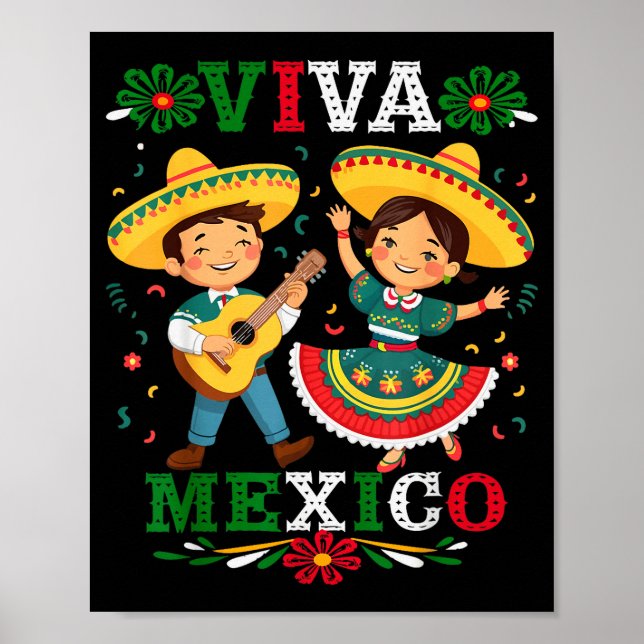 Viva Mexico Cute Cartoon Mexican Boy &amp; Girl In Poster (Front)